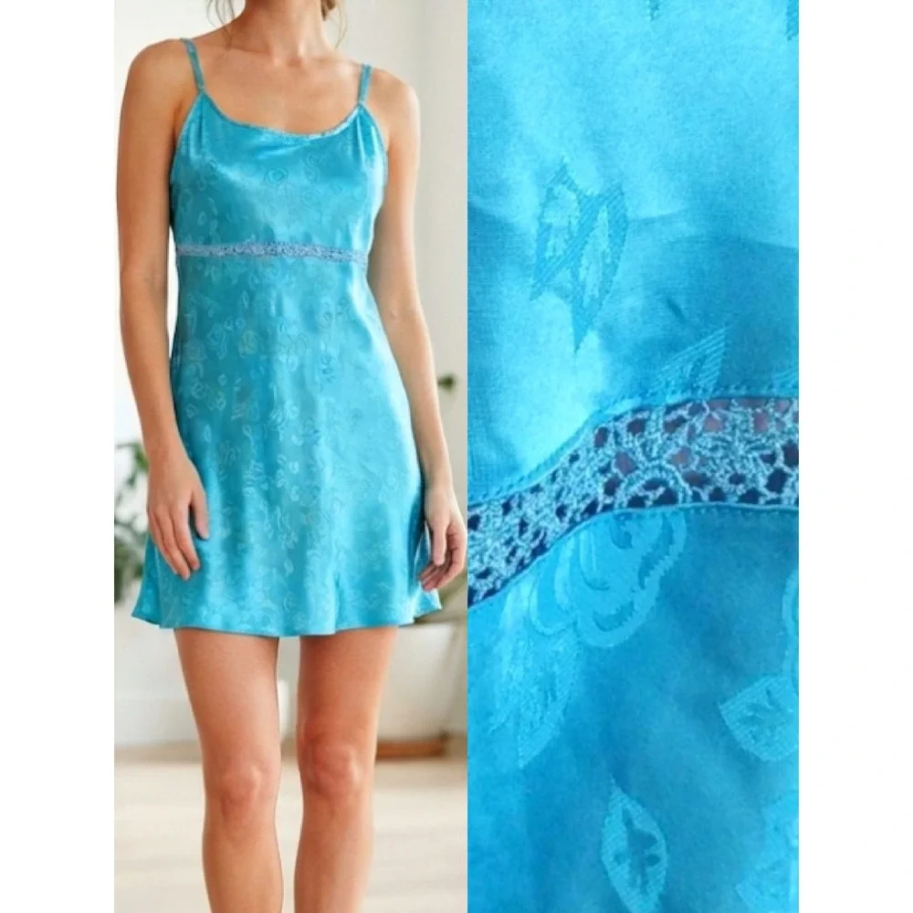 VTG 80s Teal Satin Floral Embroidered Detail Mini Slip Dress Chemise‎ XL Festie - Picture 5 of 14